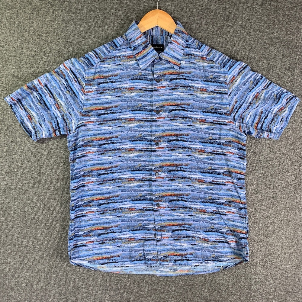Jhane Barnes Silk Shirt Men Large Blue Abstract Classic Fit Short Sleeve Bold